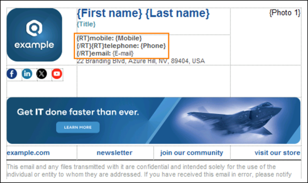An example of the correct RT tag placement in an email signature.