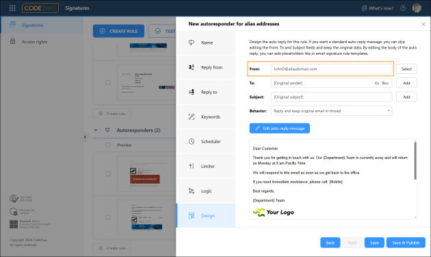 The From field specifies the sender (email address) that is shown in your auto-reply message.