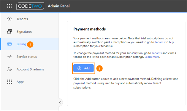 Adding a new payment method on the Billing page in CodeTwo Admin Panel.