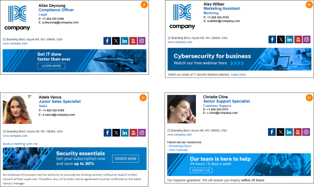 An example of a modular email signature with common elements and department-specific parts (photo/logo, the bottom section).