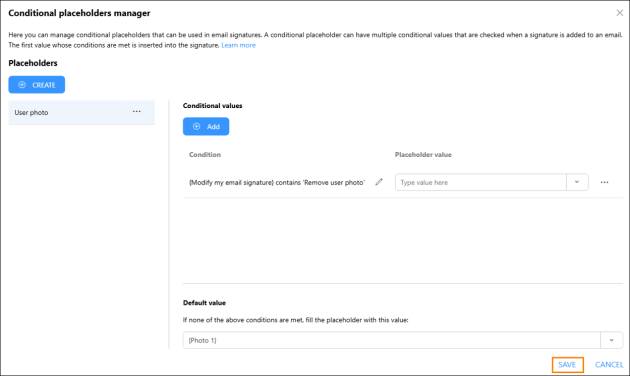 Saving the conditional placeholder used for showing and hiding user photos in the signature template.