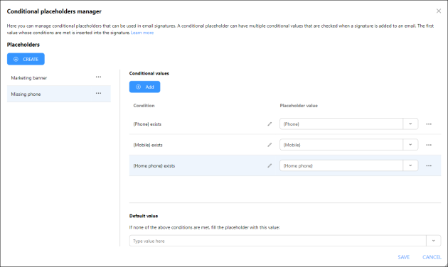 Adding more conditional values to the conditional placeholder.