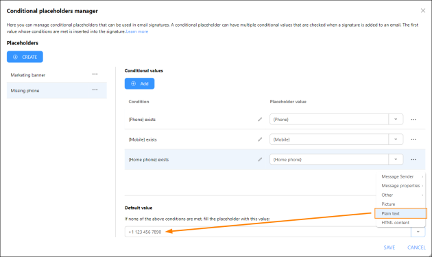 Providing the default value that will replace the placeholder if none of the conditional value conditions are met when an email is sent.