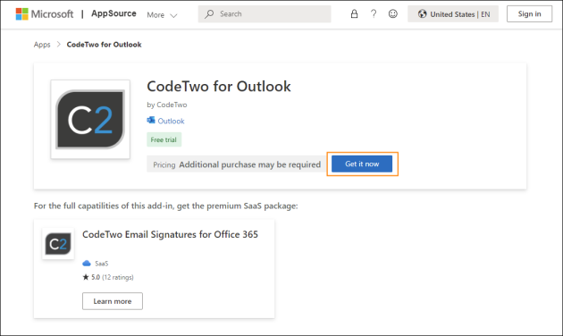 Getting the CodeTwo Signatures Web Add-in for Outlook from Microsoft AppSource.