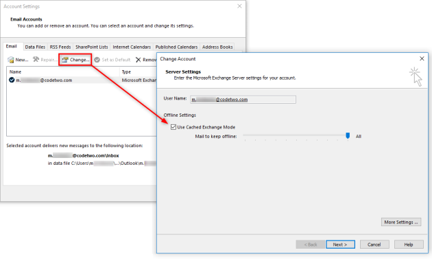 Outlook Cached Exchange Mode settings.