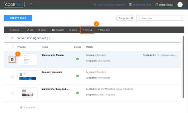 Setting the priority of signature rules by adjusting their position in the signature list.