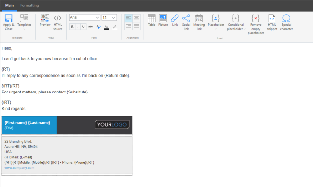 The complete OOF reply message template.