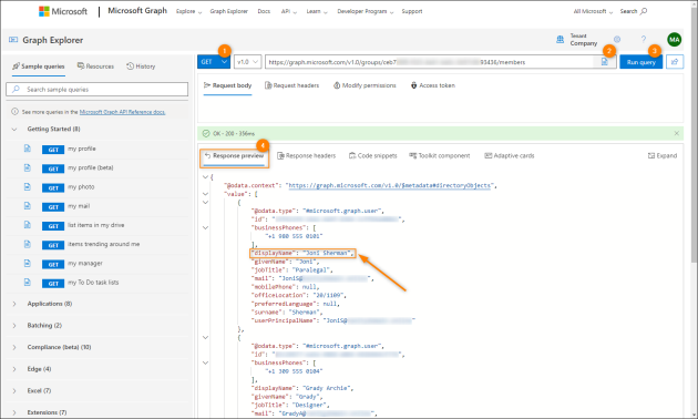 Defining the query to retrieve information on group members from Microsoft Graph.