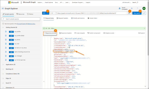 Defining the query to retrieve information on the groups the user belongs to from Microsoft Graph.