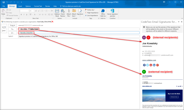 A server preview displaying two signatures (1 for internal and 1 for external recipients).