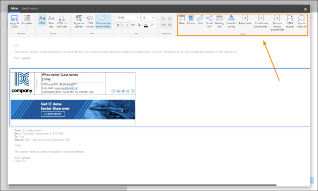 Use the options in the Insert group on the ribbon to add content to your signature template.