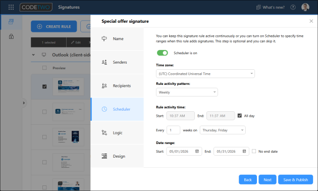 The Scheduler configured to make the selected rule active on Thursdays and Fridays throughout May.