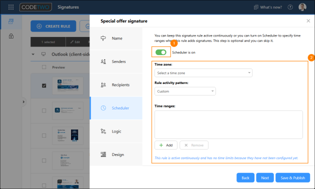 Activating the Scheduler feature (1) and enabling its configuration options (2).