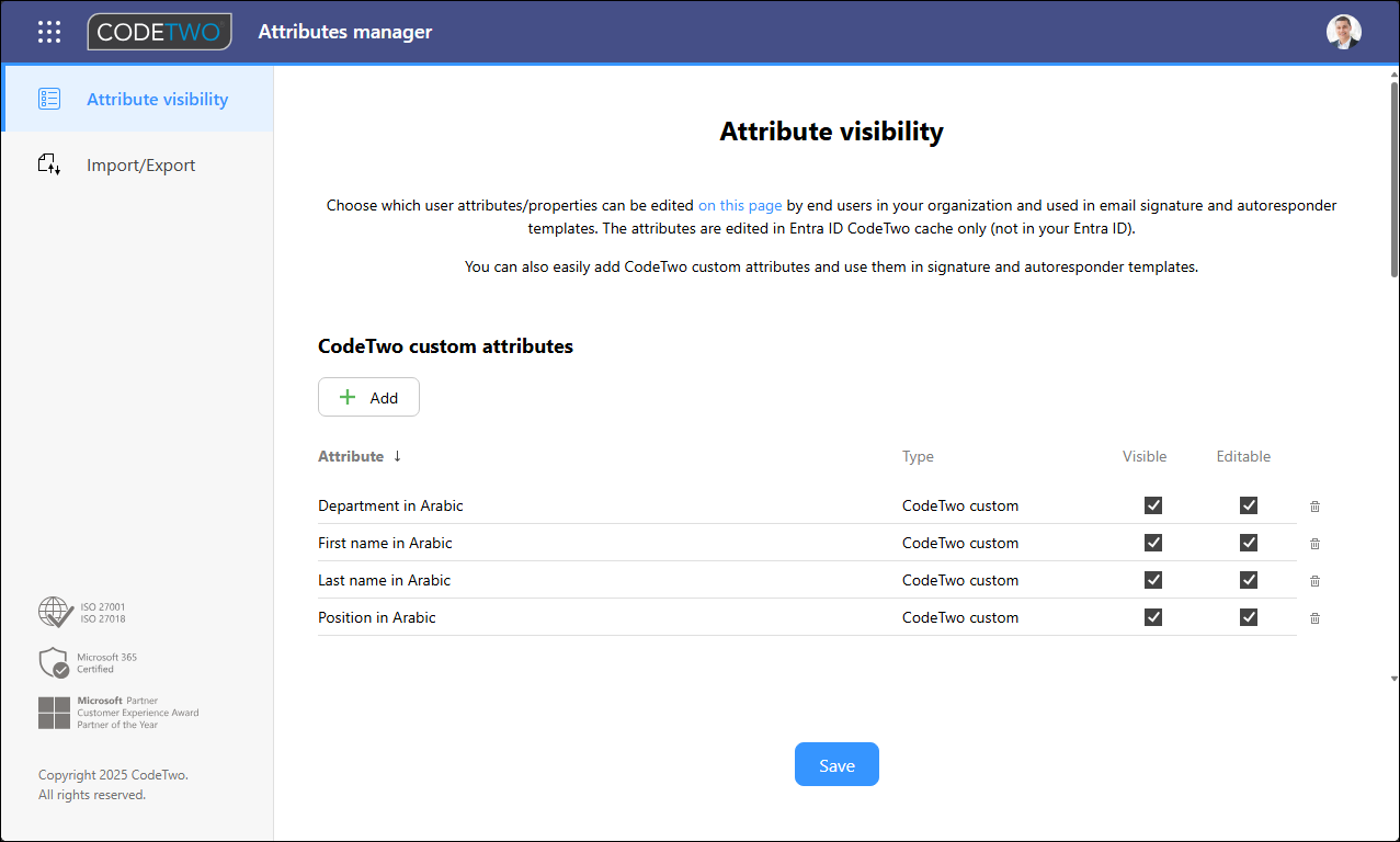 A set of CodeTwo custom attributes that will store users' details in the Arabic language.