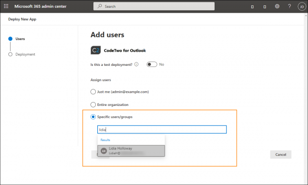 Selecting the add-in users.