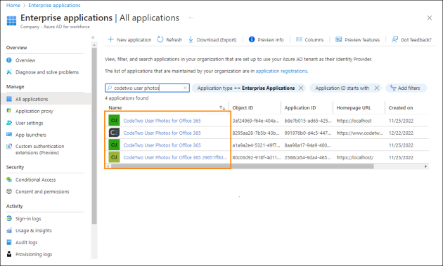 Four different CodeTwo User Photos for Office 365 apps shown in AAD – you need to remove all of them.