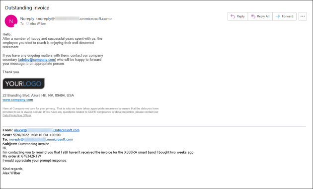 The first example of an auto-reply that informs about a retired employee.