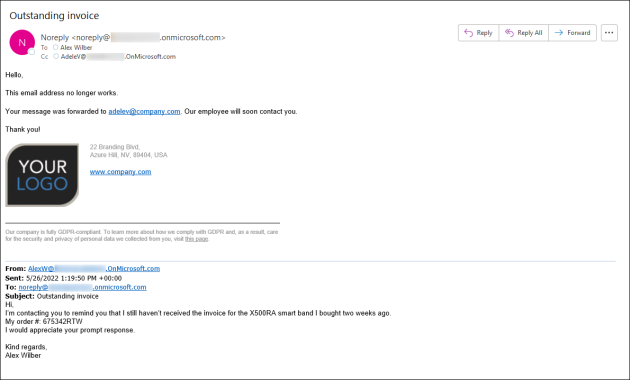 The second example of an auto-reply informing a sender that their message was forwarded and they will be contacted soon.