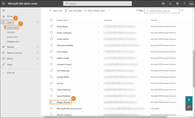 Selecting the user you want invite in the Microsoft 365 admin center.