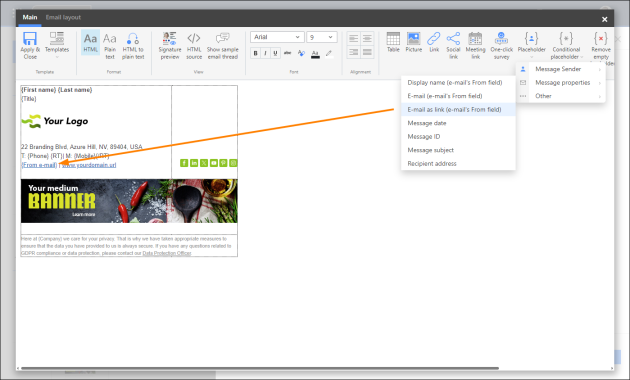 The {From e-mail} placeholder will be replaced with the alias address in the signature.