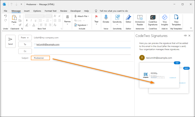When a specific keyword is found in email subject or body, the Web Add-in updates the signature preview accordingly.
