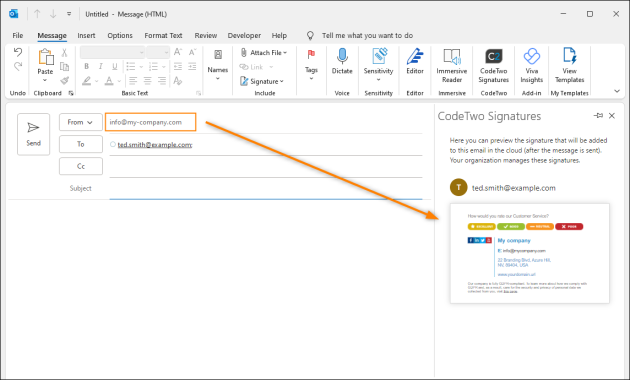 Previewing a signature set up for a shared mailbox.