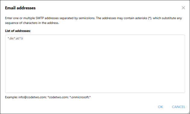 This signature rule will be triggered for all messages sent to email addresses in the specified domains.