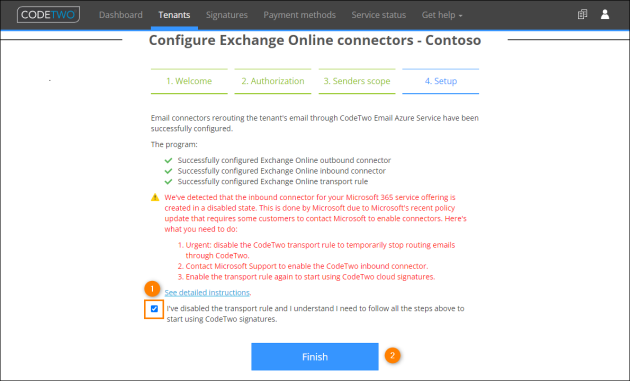 Closing the Exchange Online connectors configuration wizard after disabling the CodeTwo transport rule.