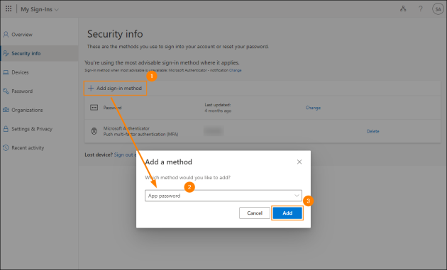 Creating a new app password in Microsoft 365.