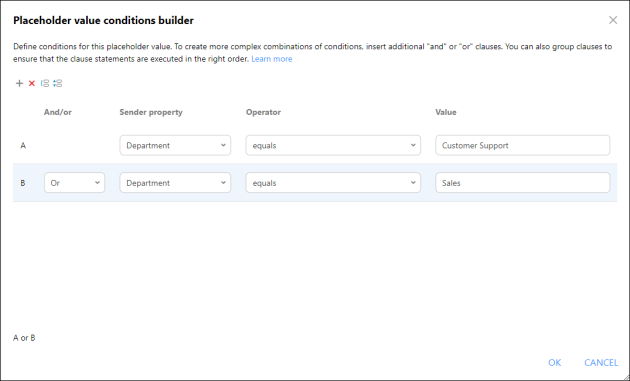 Making sure the rule will apply only to people from Customer Support and Sales departments.