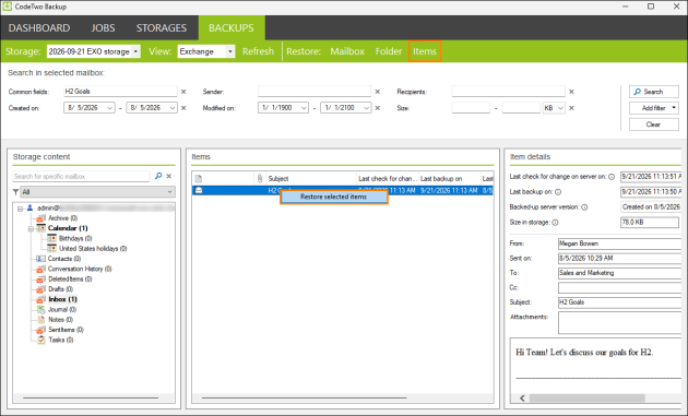 Opening the Exchange restore job wizard.