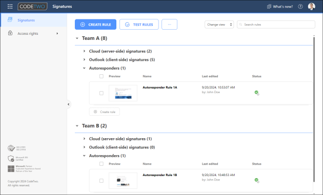 An example setup of autoresponder rules in teams in CodeTwo’s Signatures app.