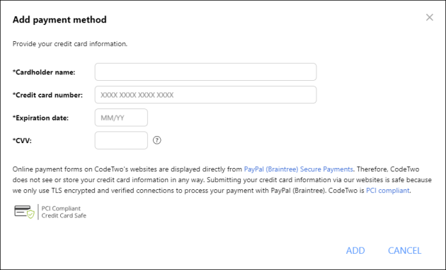 Adding a new payment method (credit card).