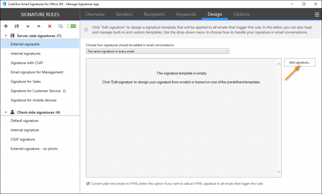 Opening the signature template editor in CodeTwo Email Signatures for Office 365.