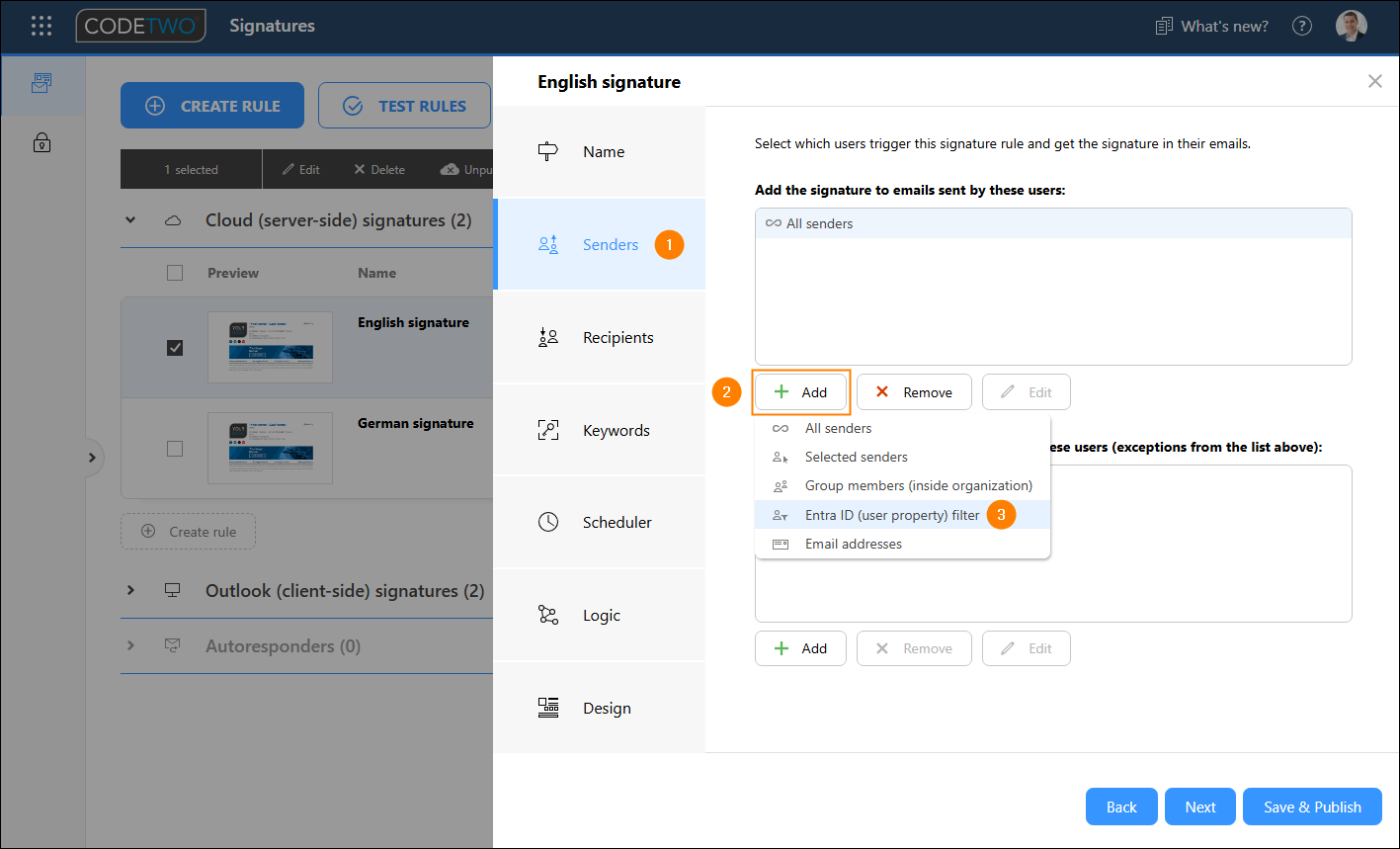 Choosing the Entra ID (user property) filter condition.