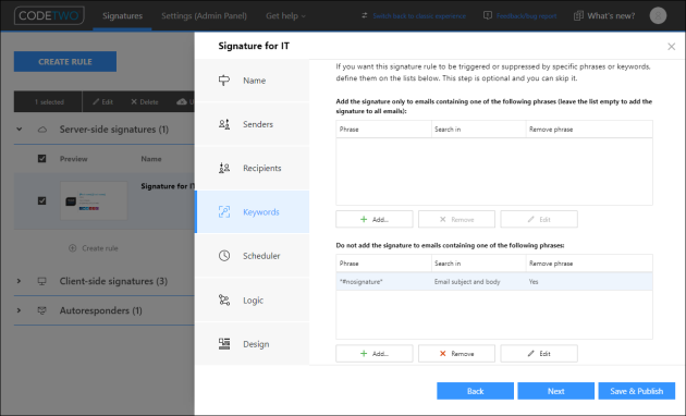 The Keywords step available for cloud (server-side) signature rules.