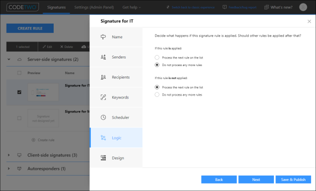 The Logic step available for cloud (server-side) signature rules.