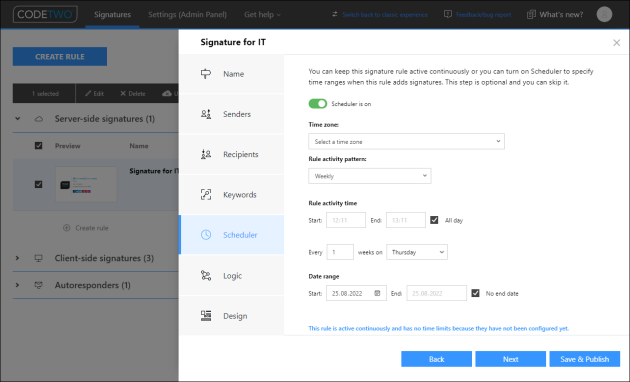 Configuration of the Scheduler.
