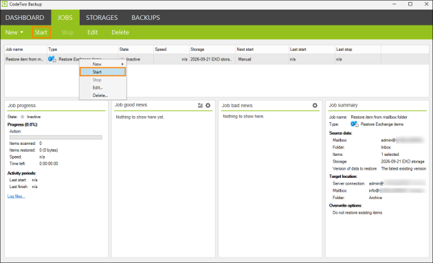 Starting a restore job on the Jobs tab.
