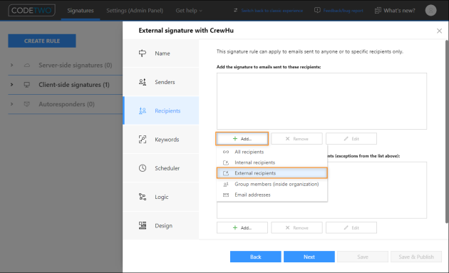 Setting email direction to external only.