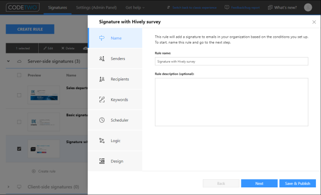 The Name step in the signature management app.