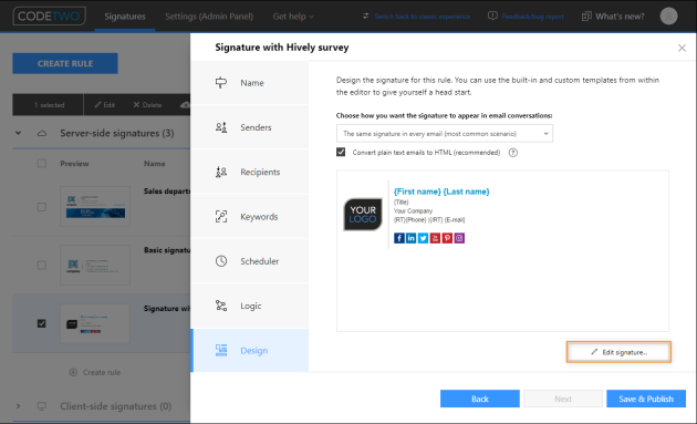The Edit signature button launches the signature template editor.