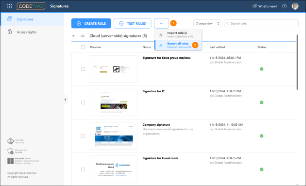Exporting all rules in CodeTwo Email Signatures 365.