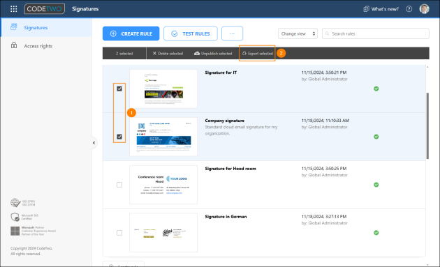 Exporting selected rules in CodeTwo Email Signatures 365.
