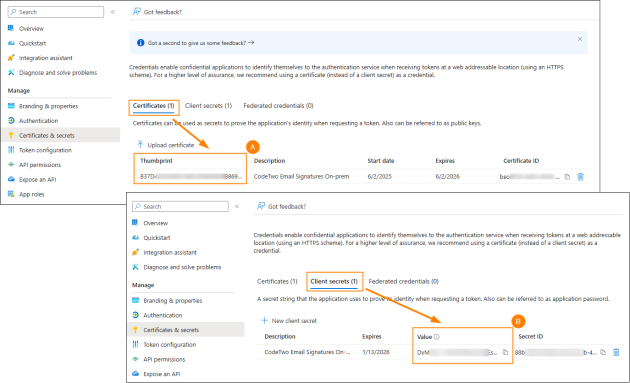 Location of the certificate thumbprint (A) and client secret (B) credentials in the Microsoft Entra admin center.