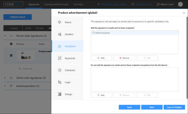 Configuration of the Recipients condition: here, the rule applies to external emails only.