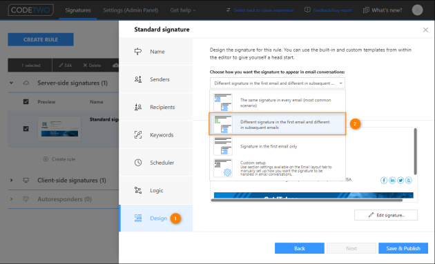Selecting the signature adding method in the Design step.