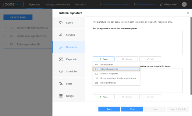 By using this option, the selected cloud (server-side) signature rule will be applied to internal emails only.