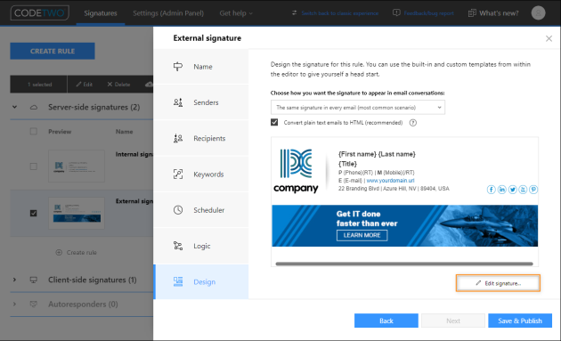 Opening the email signature template editor.
