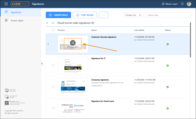 Opening an existing email signature template for editing.